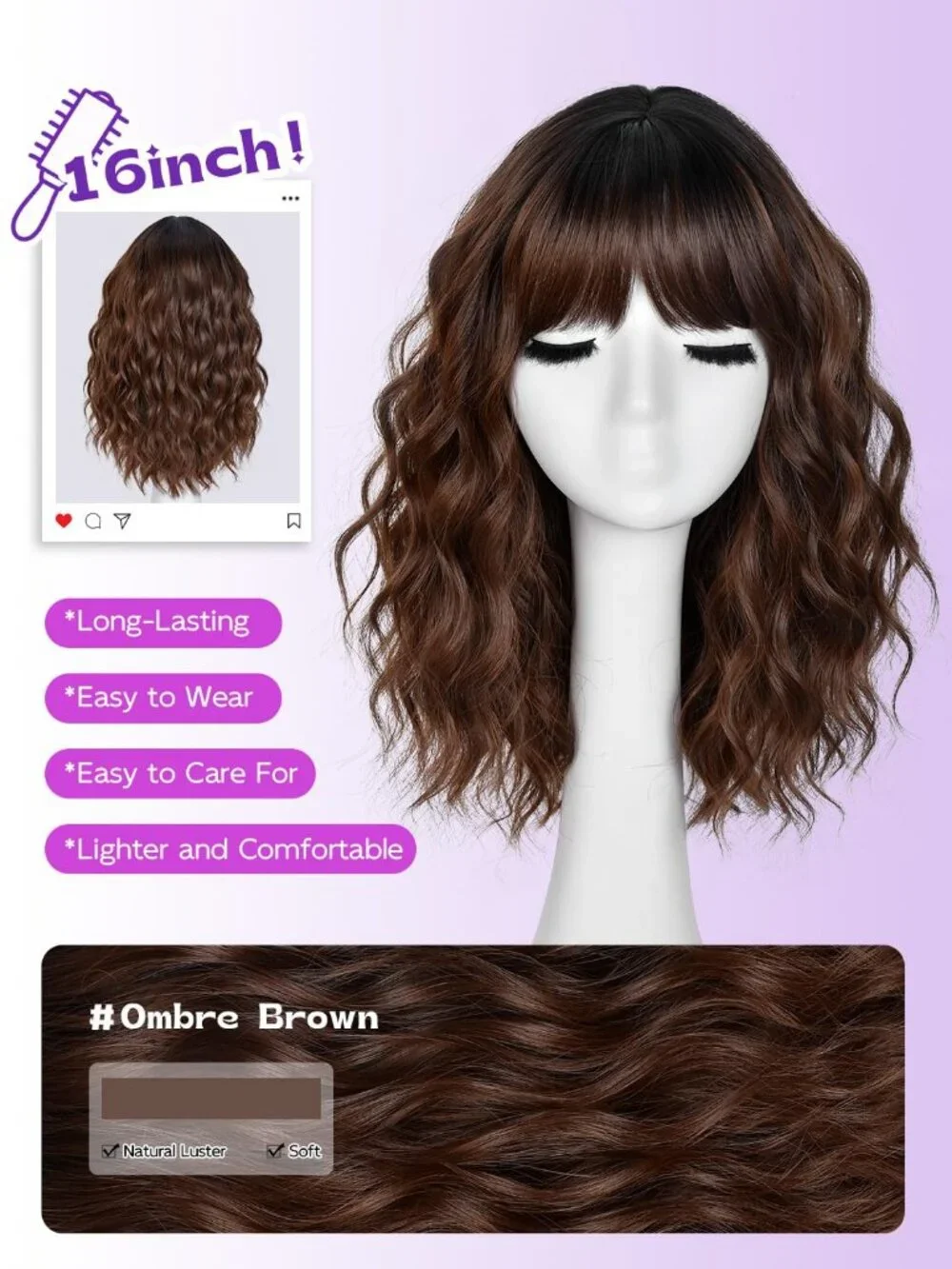 Women's Omber Brown 14 Inch Natural Synthetic Short Curly Wavy Fiber Wigs